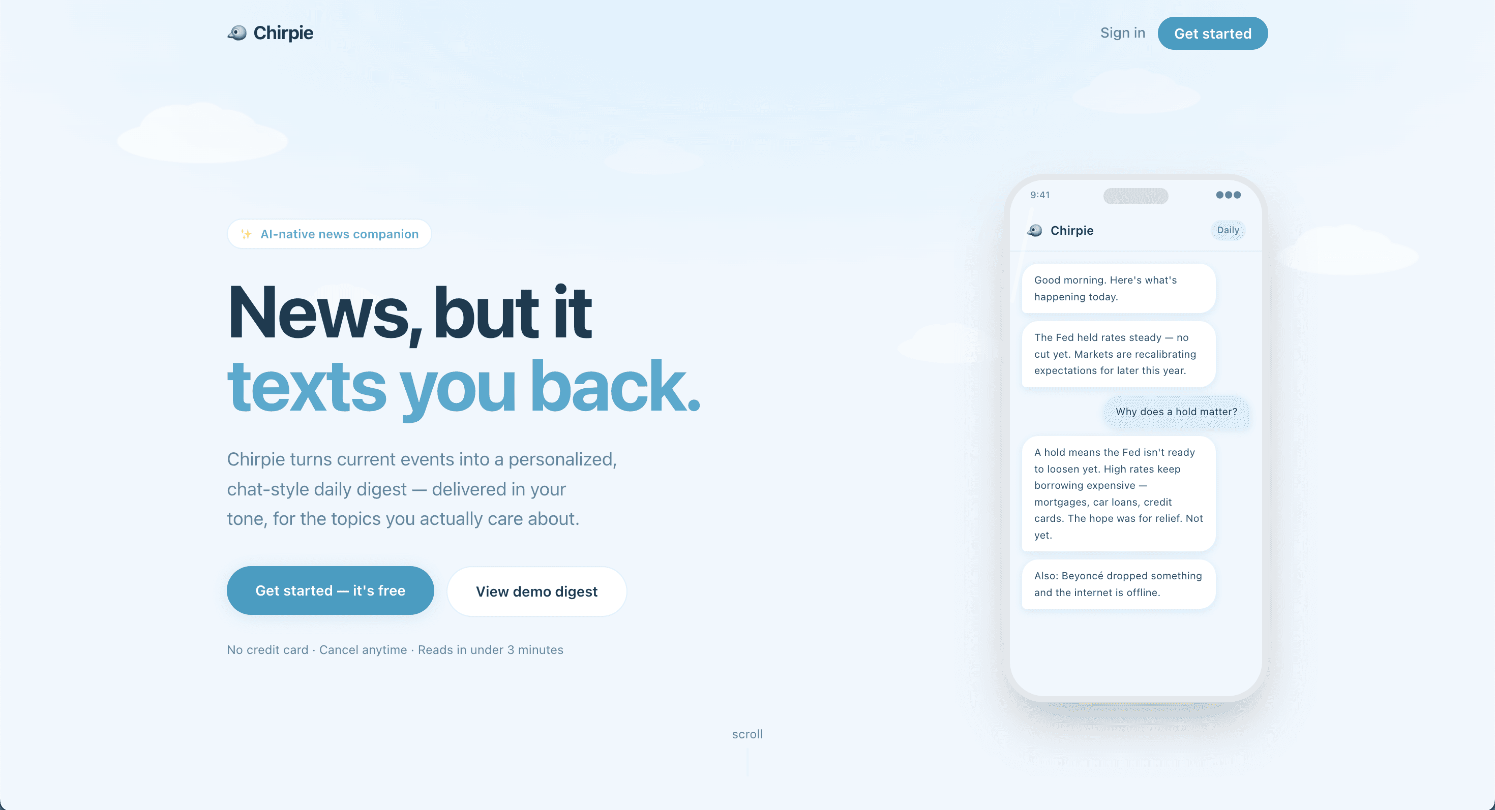 Chirpie landing view