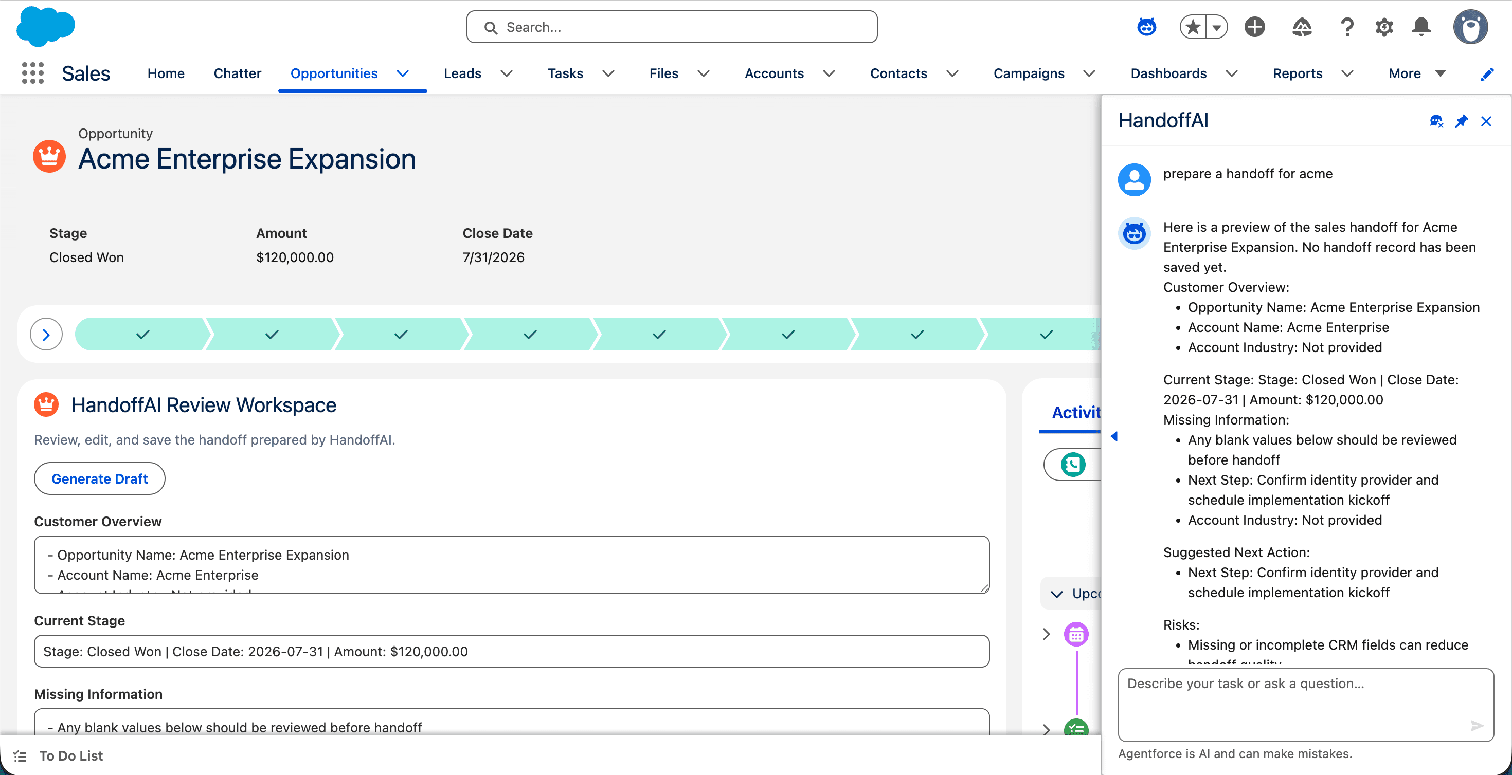 HandoffAI interface and Salesforce Opportunity handoff workspace